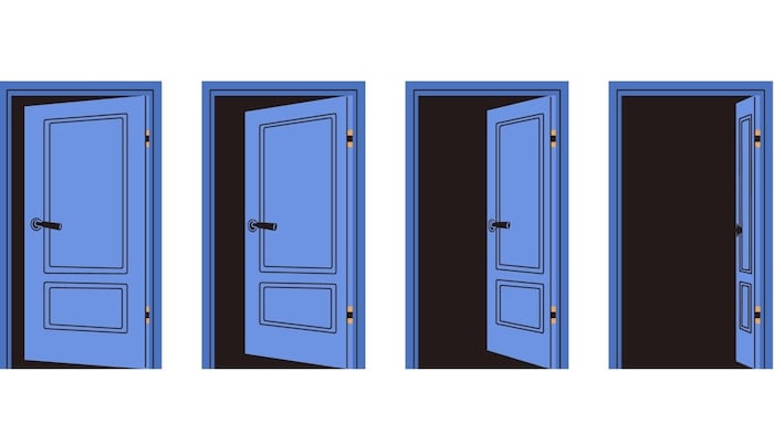 series of doors starting with each door being more open than the last