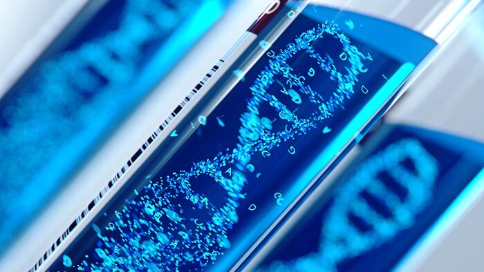 Molecule of DNA forming inside the test tube equipment.3d rendering,conceptual image.