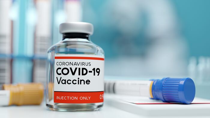 A single bottle vial of Covid-19 coronavirus vaccine in a research medical lab. 3D illustration.