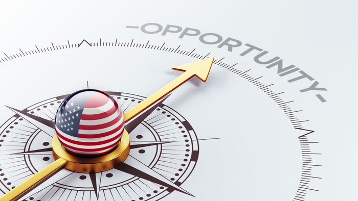 US flag on globe pointing towards opportunity