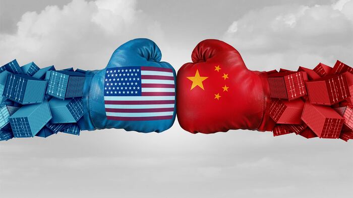 China USA or United States trade and American tariffs conflict with two opposing trading partners as an economic import and exports dispute concept with 3D illustration elements