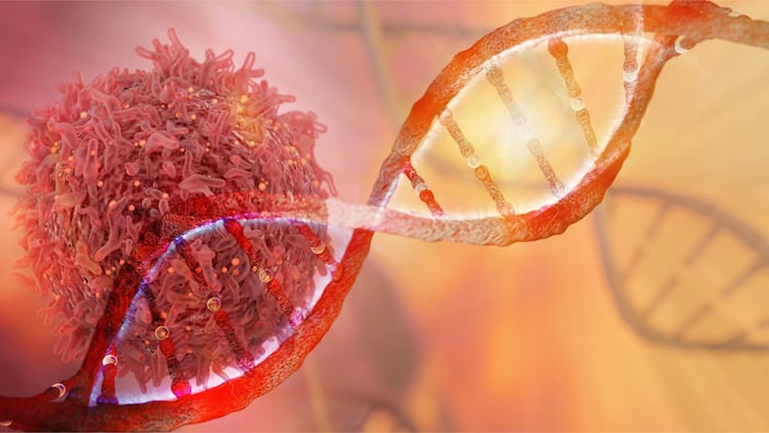 DNA strand and Cancer Cell Oncology Research Concept 3D rendering - Illustration