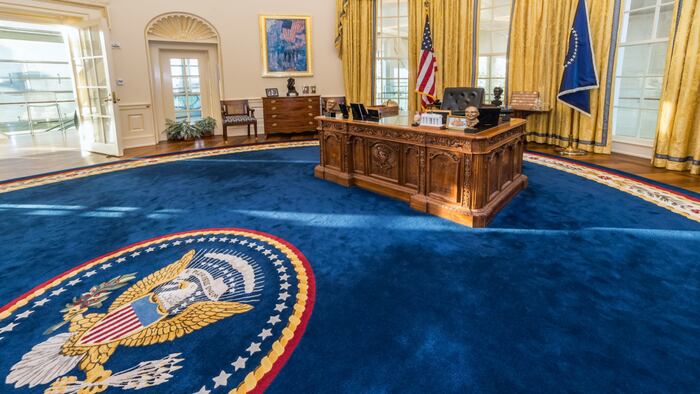 The white house oval office dappled in sunlight.