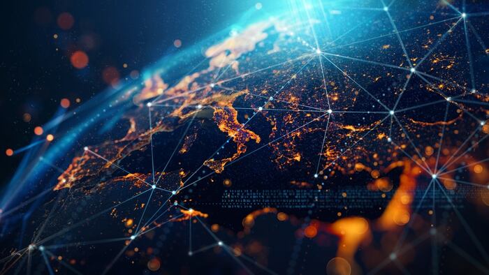 Europe at night seen from space with network of digital links
